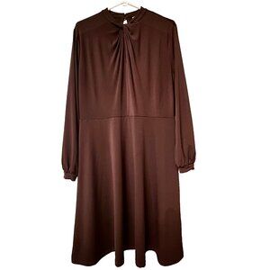 Burgundy, A-line, Long-Sleeve Dress w Ruched Collar Detail & Peephole in back